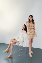 Silk Mini Dress with Off-Shoulder Ruffle Detail and Long Puff Sleeves